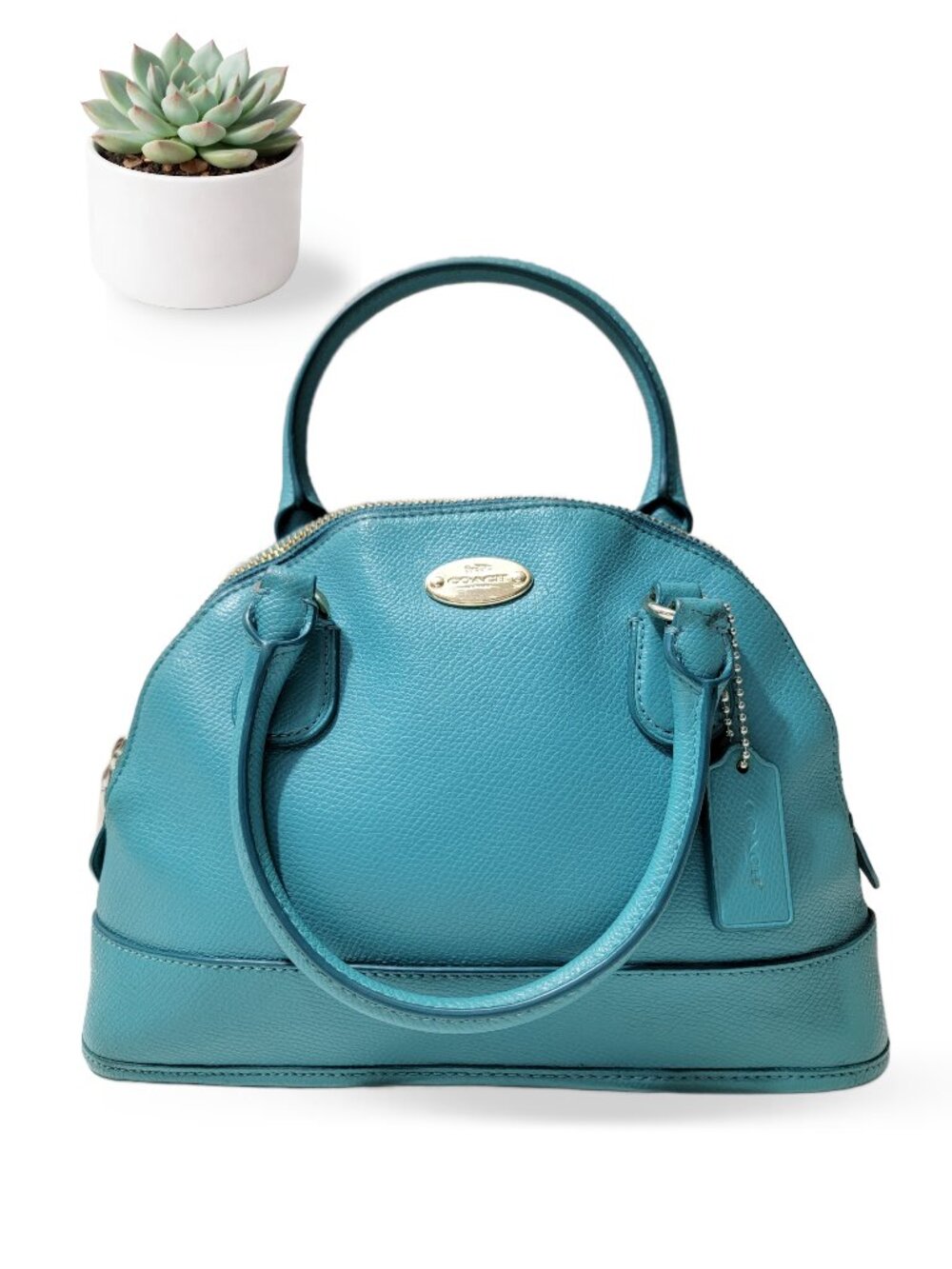 Coach Mini Cora Domed Satchel F34090 Teal Turquoise Crossgrain Leather Purse Bag